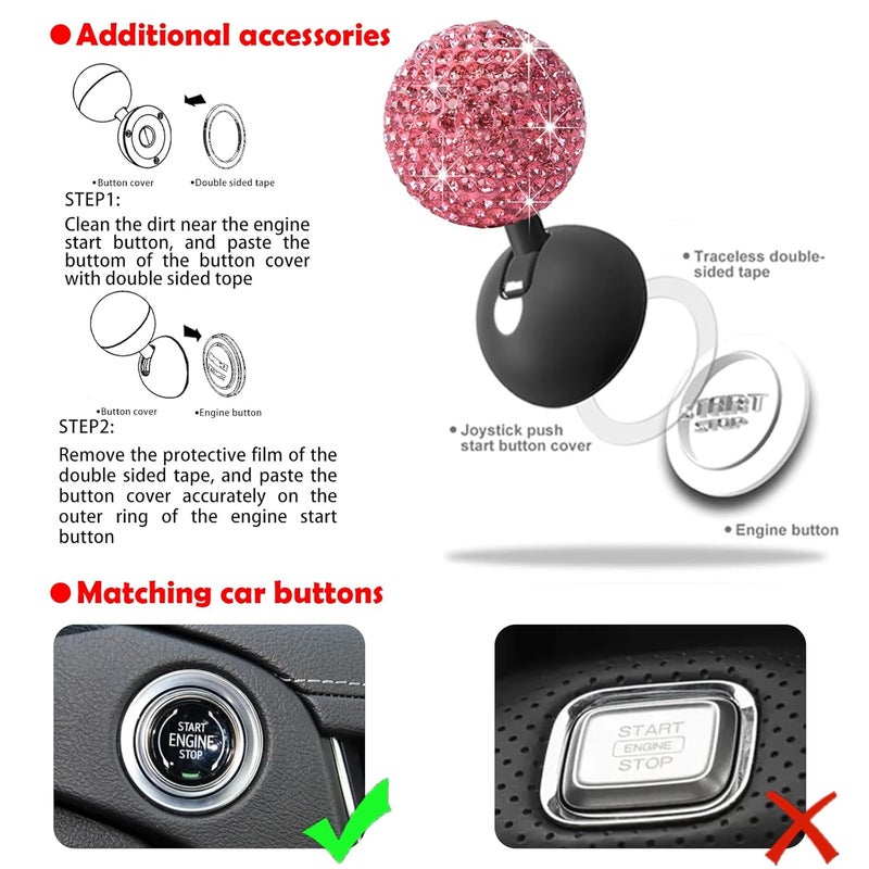 Zerikwon Bling Diamond Car Push Start Button Cover - Cute Accessories for Women Interior, Engine Starter Joystick Decor for Girls, Pink - Image 5